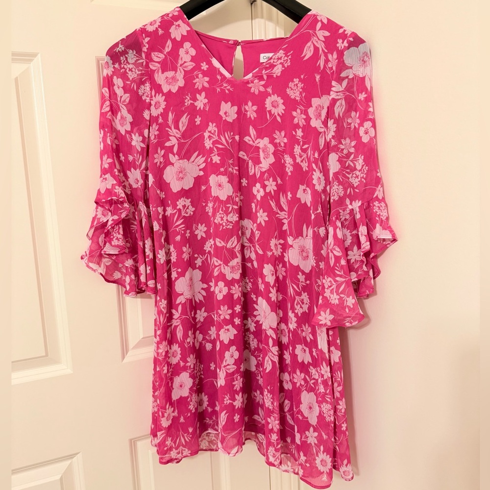 Calvin Klein floral-print ruffled-sleeve shift dress in hibiscus size 6